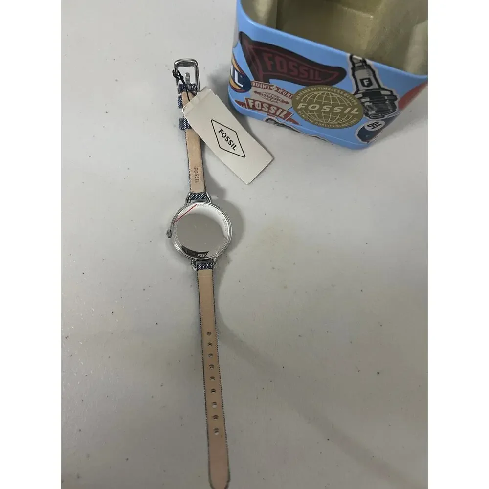 Fossil BQ3357 Rye Women 36mm Silver Steel White Dial Denim Strap Quartz Watch